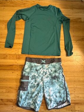 Teal Long Sleeve Rash Guard & Teal Tie-Dye Swim Shorts